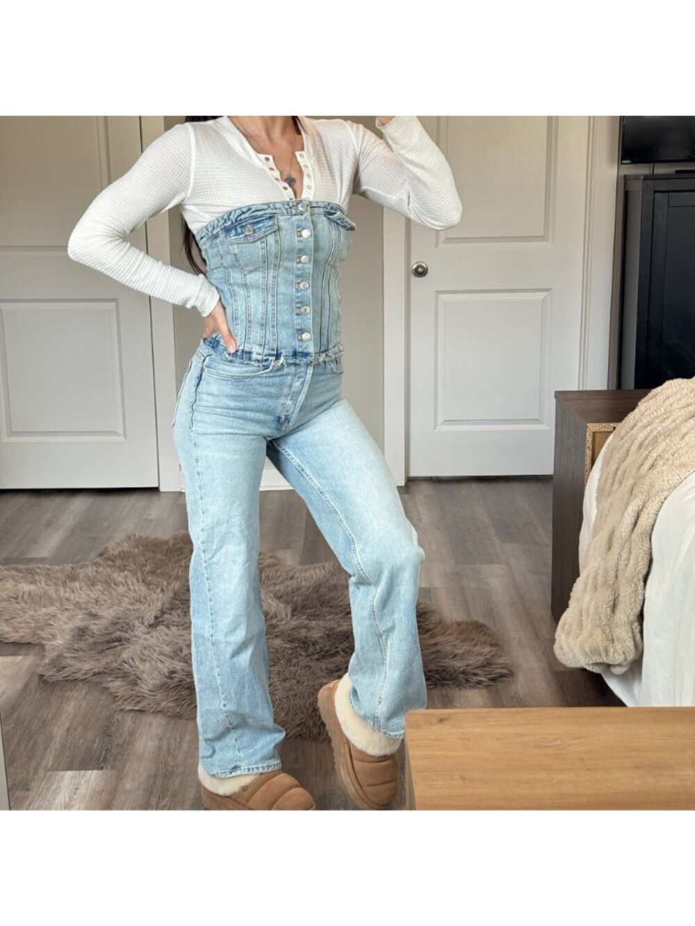 Zara Strapless Bustier Denim Jumpsuit Size XS Y2K Light Wash Straight Leg Jean - Picture 5 of 11